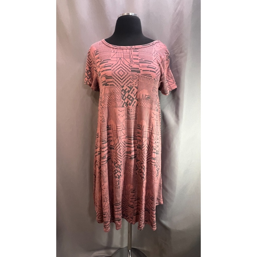 Lularoe Carly Swing Maxi Dress Womens XS Peach Pink Geometric Print Scoop Neck